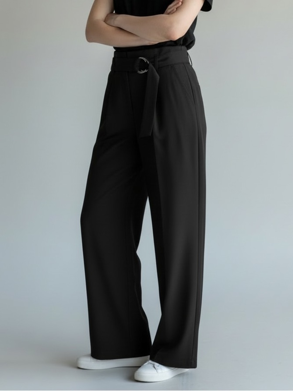INC International Concepts Black Wide-Leg Belted Trousers